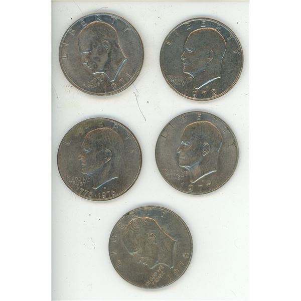 1971, 1972, 1976, 1977, 1979 U.S.A. One Dollar Coins.