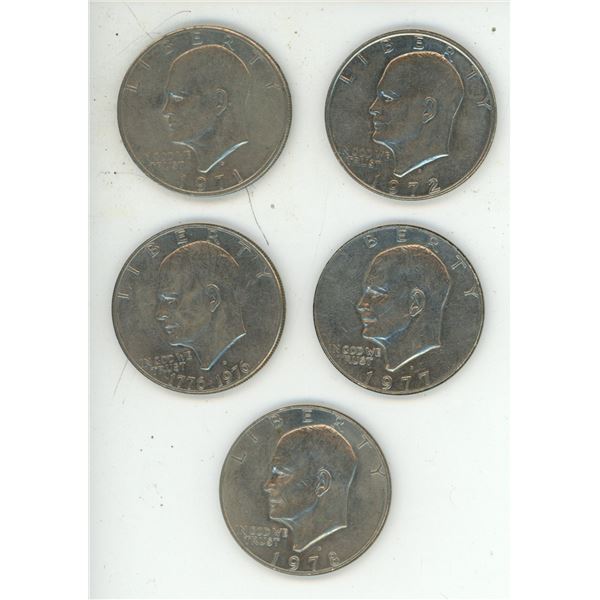 1971, 1972, 1976, 1977, 1979 U.S.A. One Dollar Coins.