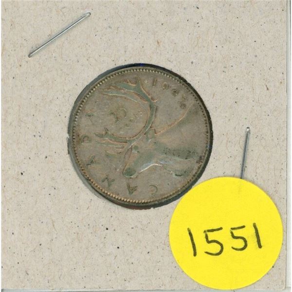 1947 Maple Leaf/Dot After 7 Canadian Silver 25 Cents Coin.
