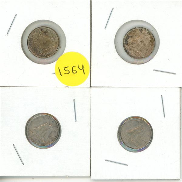 1947, 1962, 1947, 1958 Canada Silver 10 Cents Coins.