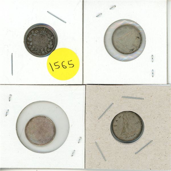 1932, 1946, 1959, 1962  Canada Silver 10 Cents Coins.