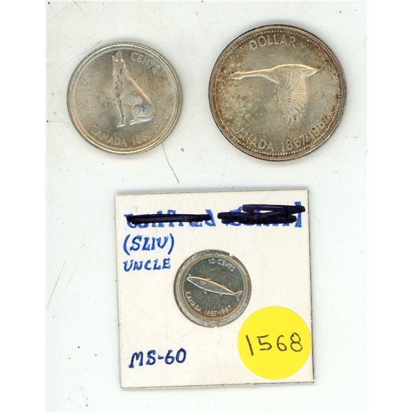 1967 Canadian Silver 10 & 50 Cents and One Dollar Coins.