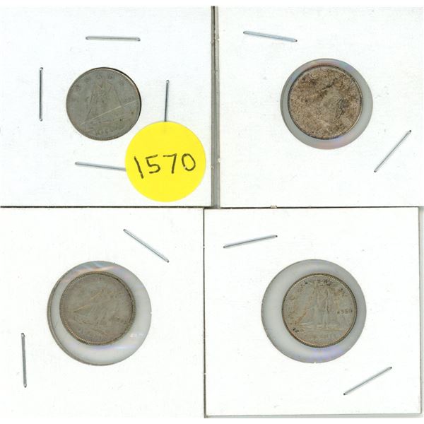 1941, 1958, 1943, 1950 Canadian 10 cent Coins.
