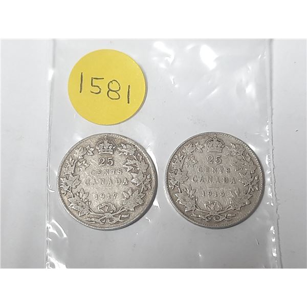1917 and 1919 Canada Silver 25 Cents Coin.