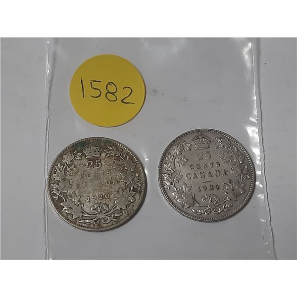 1920 and 1921 Canada Silver 25 Cents Coin.