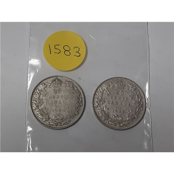 1932 and 1933 Canada Silver 25 Cents Coin.