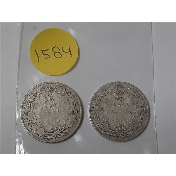1914 and 1916 Canada Silver 25 Cents Coin.