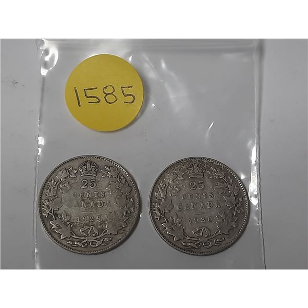 1929 and 1930 Canada Silver 25 Cents Coin.