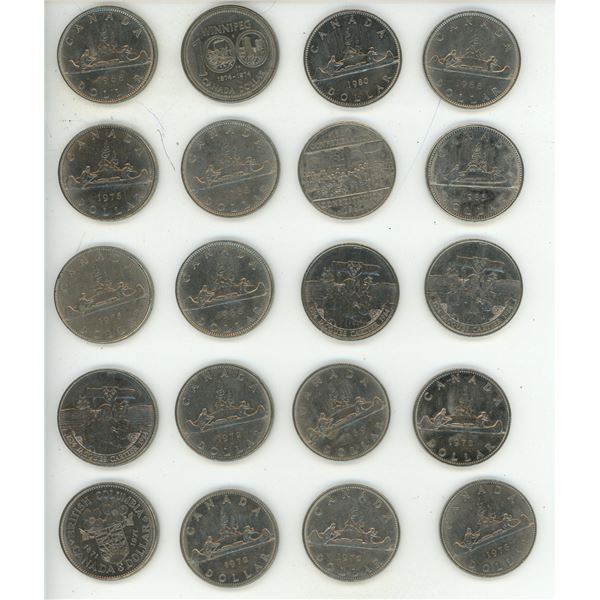 Lot of 20 Canada One Dollar Coins. [(4) 1968, 1969, 1971, (3) 1972, 1973, 1974, 1975, (2) 1976, 1980