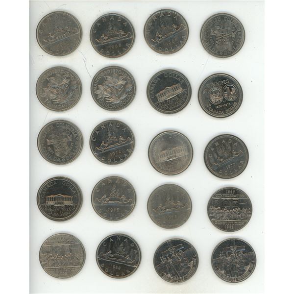 Lot of 20 Canada One Dollar Coins. [(2) 1968, 1969, (2) 1970, (2) 1971, 1972, (3) 1973, 1974, (2) 19