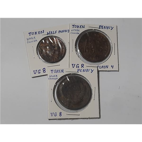 1857 Upper Canada Half Penny, 1854 Upper Canada Penny and 1837 Lower Canada Penny.