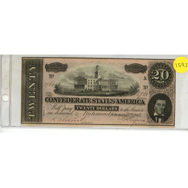 $20 Confederate States of America Note, issued during the American Cilvil War.