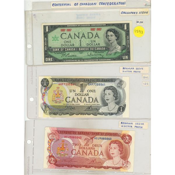 1967 Collectors Issue, 1973 Regular Issue Canada One Dollar and 1974 Regular Issue Canada Two Dollar
