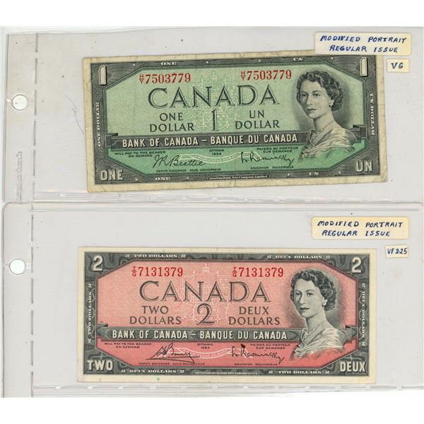 1954 Modified Portrait Regular Issue Canadian One and Two Dollars.