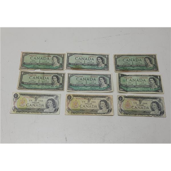 (5) 1954, (1) 1967, (3) 1973 Canadian One Dollars.