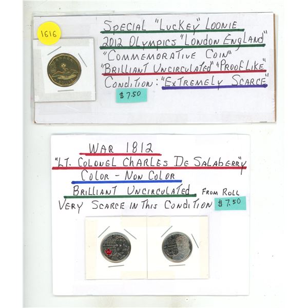 2012 Special "Luckey" Loonie and "War of 1812" Colour and Uncolored Coins.