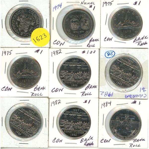 Lot of 12 Canadian One Dollar Coins.