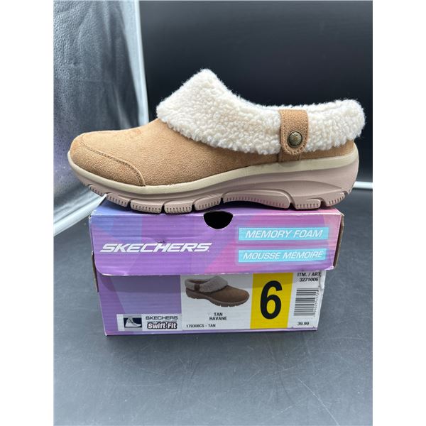 Skechers Women’s Easy Going – Good Duo mule clog in tan with faux-fur lining Size 