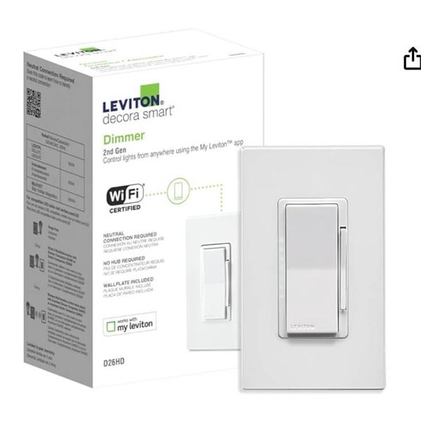Leviton Decora Smart Dimmer Switch, Wi-Fi 2nd Gen, Neutral Wire Required, D26HD-2RW, White