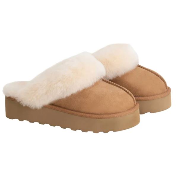 Women’s Shearling-Lined Suede Slippers with Rubber Soles, Size 10