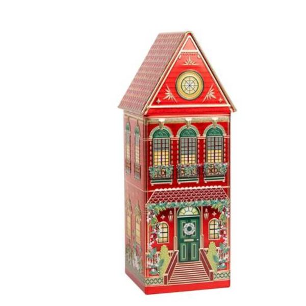 Red Tin Shaped as a House with Biscuit Content Information on Side
