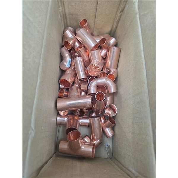 Box Of Assorted Copper Pipe Fittings Including Elbows and Tees
