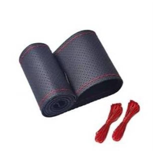 Onerbuy Universal Leather Car Steering Wheel Stitch-on Wrap Cover, 15-Inch, Black with Red