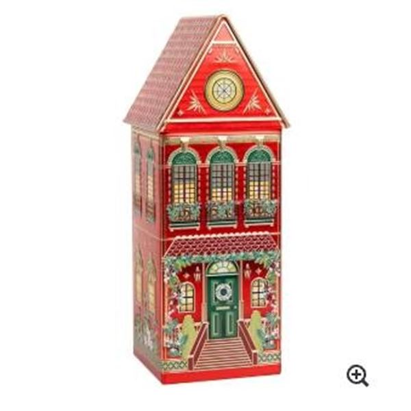 Decorative Metal Tin Shaped as a Christmas-Themed Building with Spiced Biscuits