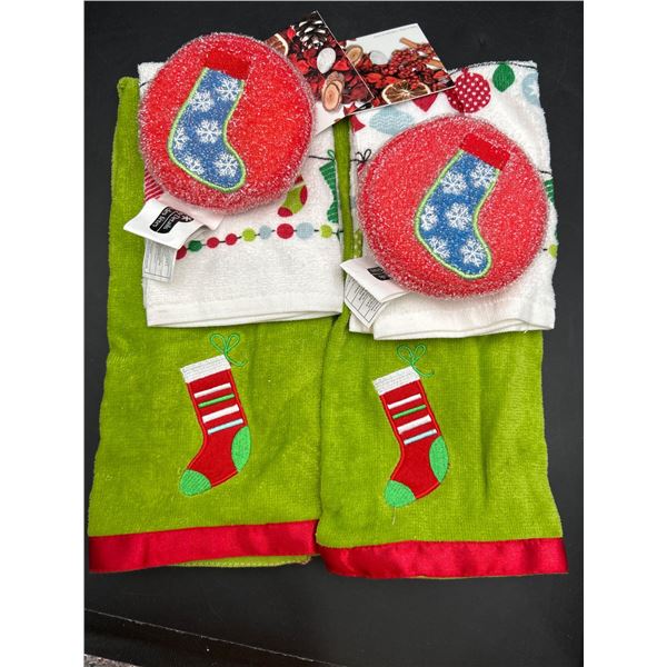 Lot of 2 Holiday-Themed 3pc Kitchen Towel and Scrubbing Pad Set