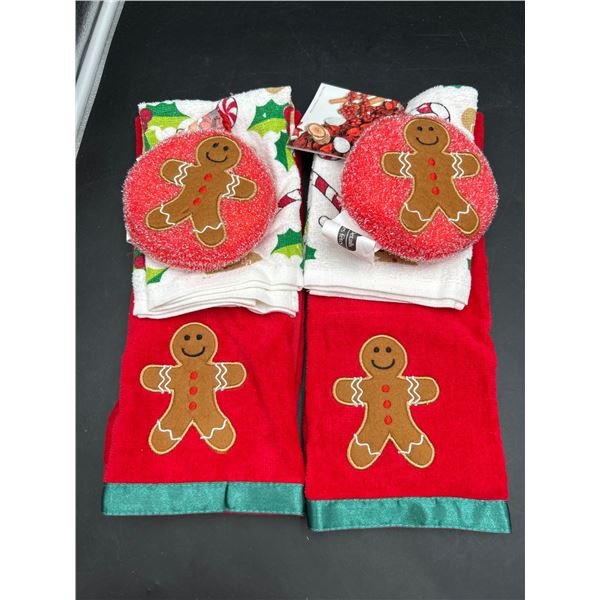 Lot of 2 Holiday-Themed 3pc Kitchen Towel and Scrubbing Pad Set