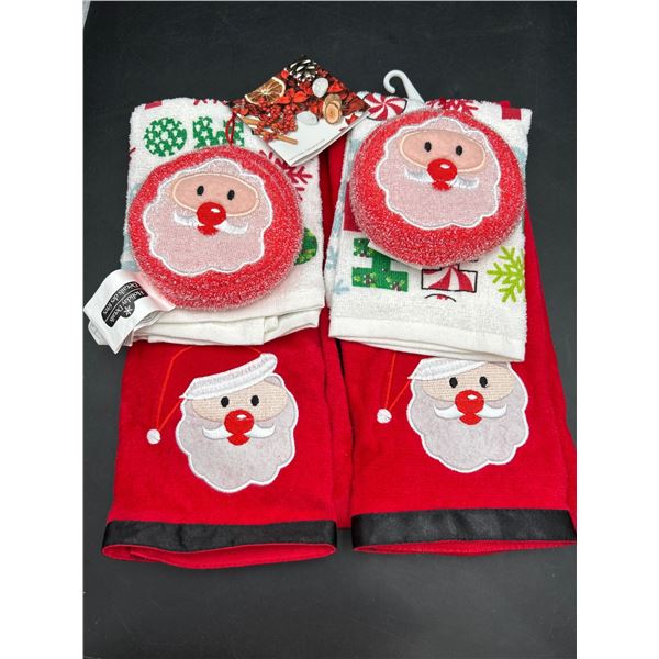 Lot of 2 Holiday-Themed 3pc Kitchen Towel and Scrubbing Pad Set