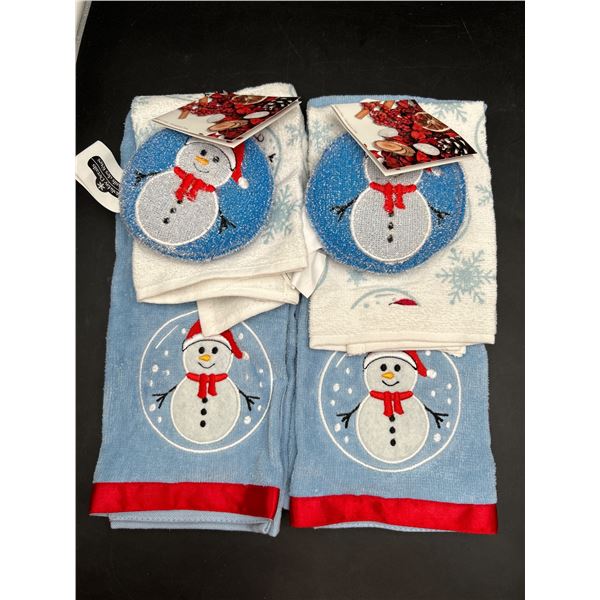 Lot of 2 Holiday-Themed 3pc Kitchen Towel and Scrubbing Pad Set