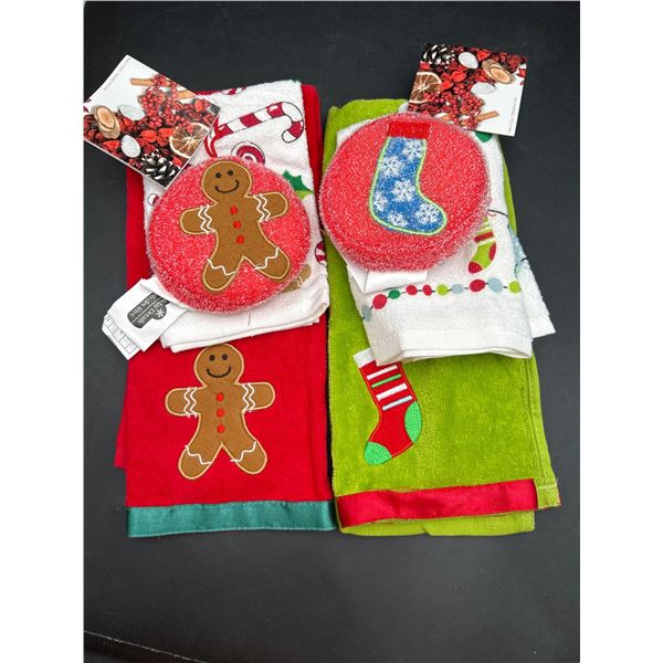 Lot of 2 Holiday-Themed 3pc Kitchen Towel and Scrubbing Pad Set