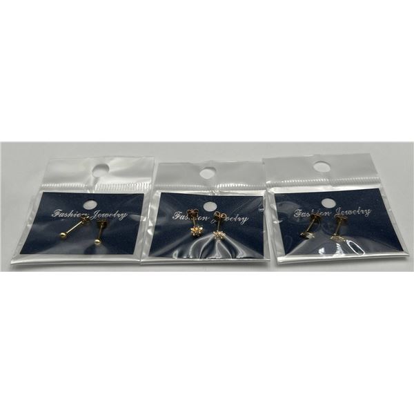 Three Pairs of Gold-Tone Stud Earrings with Crystal Accents