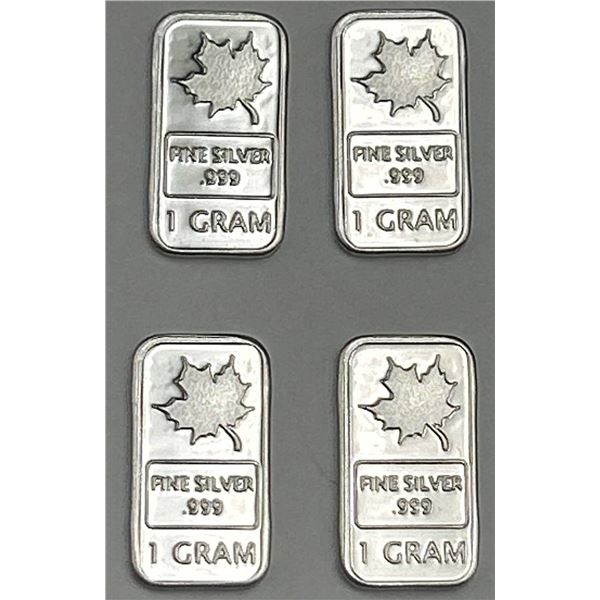 Lot of 4  Fine Silver .999 Maple Leaf Bars, 1 Gram Each