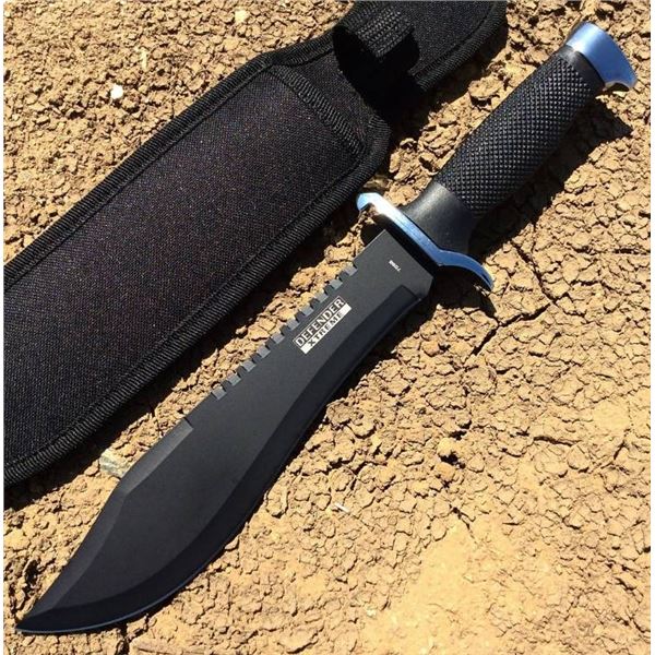 13″ Defender Xtreme Serrated Blade All Black Hunting Knife with Sheath