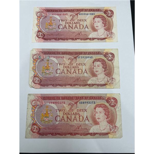Lot of 3  Canadian $2 Banknotes, 1986 Issue, Bank of Canada