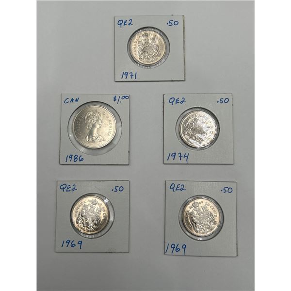 Lot of 5  Coins Including Canadian 1986 $1 and QE2 1969, 1971, and 1974