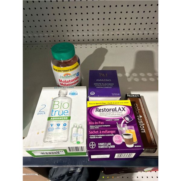 Lot of Health, Nutritional, and Personal Care Products Including Jamieson Melatonin, Biotrue, Restor