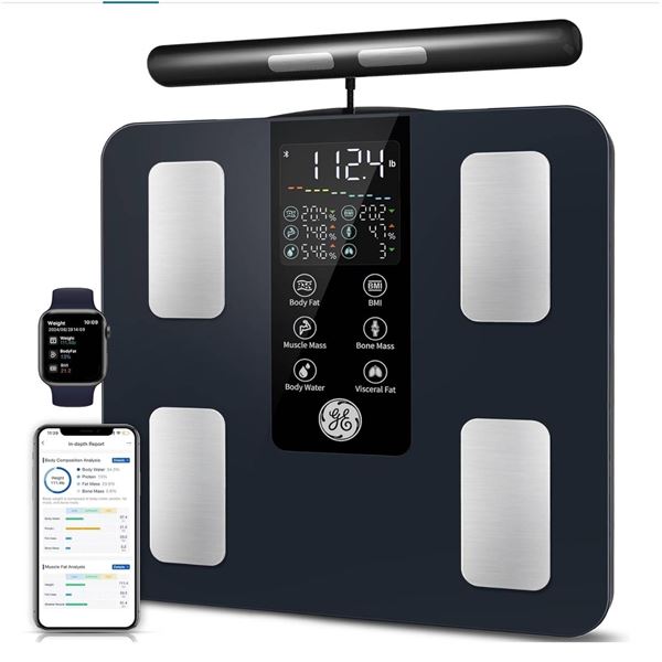 GE Smart Scale for Body Weight: 8-Electrode Digital Bathroom Scale for Body Weight Fat BMI Muscle Ma
