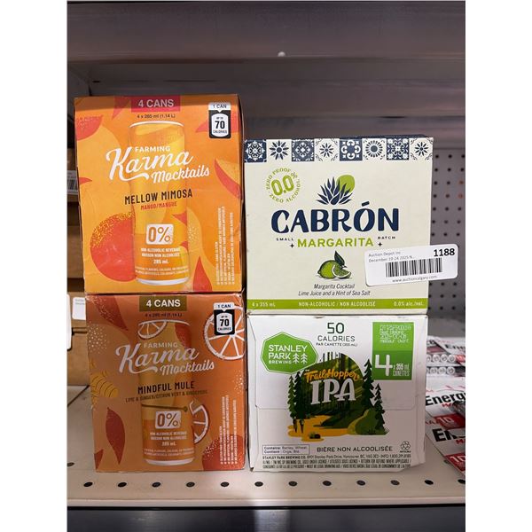 Assorted Lot of Non-Alcoholic Beverage Packs Including Karma, Cabron, and Stanley Park