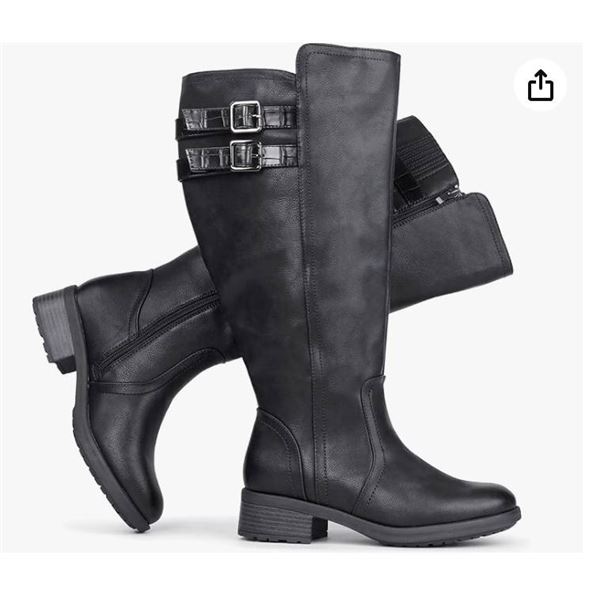 Chicblooms Women’s Stacked Buckle Hidden Stretch Block Heel Knee High BootsSize 7.5