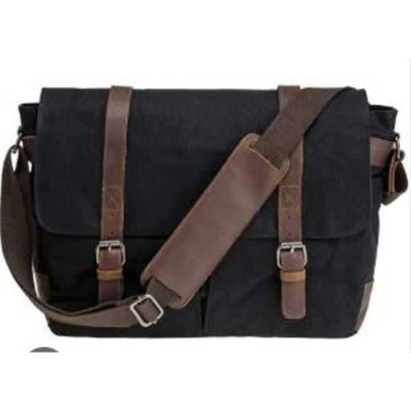 Black Canvas Shoulder Bag With Adjustable Strap and Buckle Accents