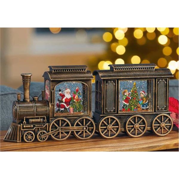 Bronze-Colored Holiday Train With Light-Up Glitter Features and Santa Scenes