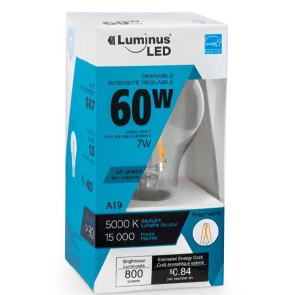Luminus LED Filament Light Bulb A19, 5000K Pack of 6