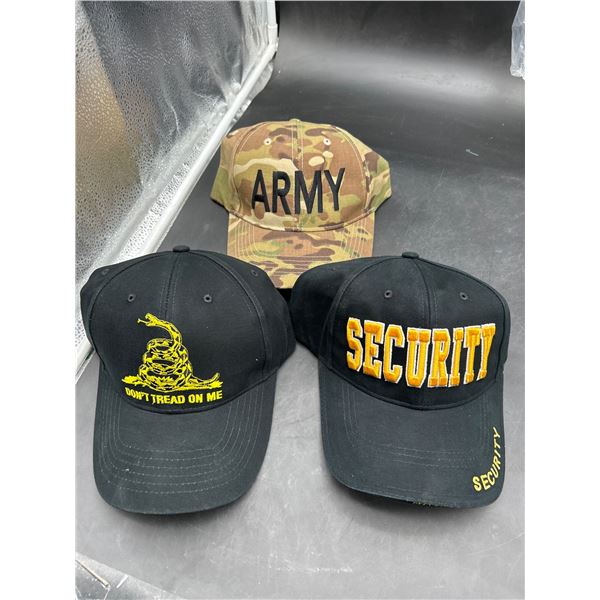 Lot of Three Baseball Caps Featuring Security, Army, and Don’t Tread on Me Designs