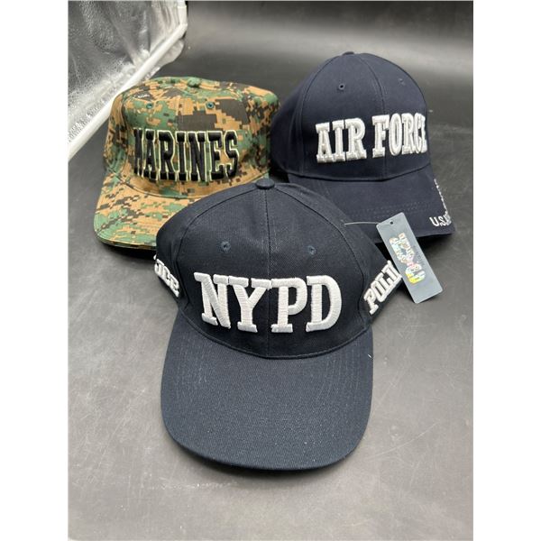 Lot of 3  Caps Featuring Marines, NYPD, and Air Force Designs