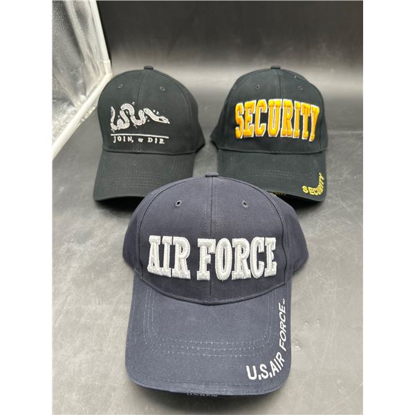 Lot of 3 Baseball Caps: Air Force, Security, and Join or Die Logos