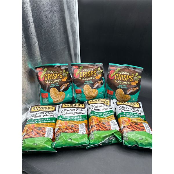 Assorted Snack Food Lot Including Snyder’s Gluten-Free Pretzel Sticks and Veggie Crisps