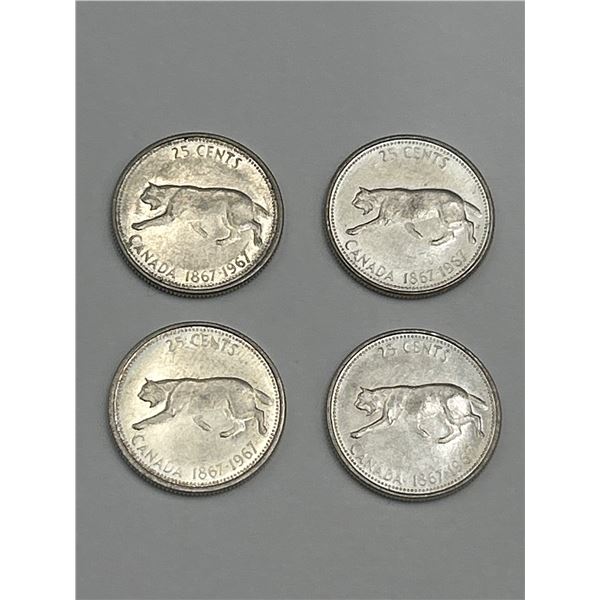 Four Canadian 25-Cent Coins – 1867 to 1967 Silver Coins